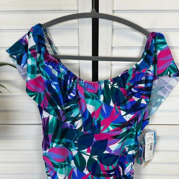 New Swim Solutions Off Shoulder Swimsuit Tropical Multi Slimming Size 14 - Picture 3 of 11
